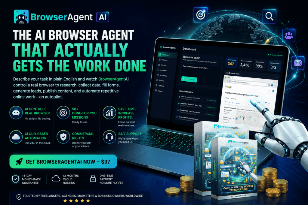 BrowserAgentAI AI browser automation software dashboard showing real browser control, automation missions, cloud execution, and commercial rights