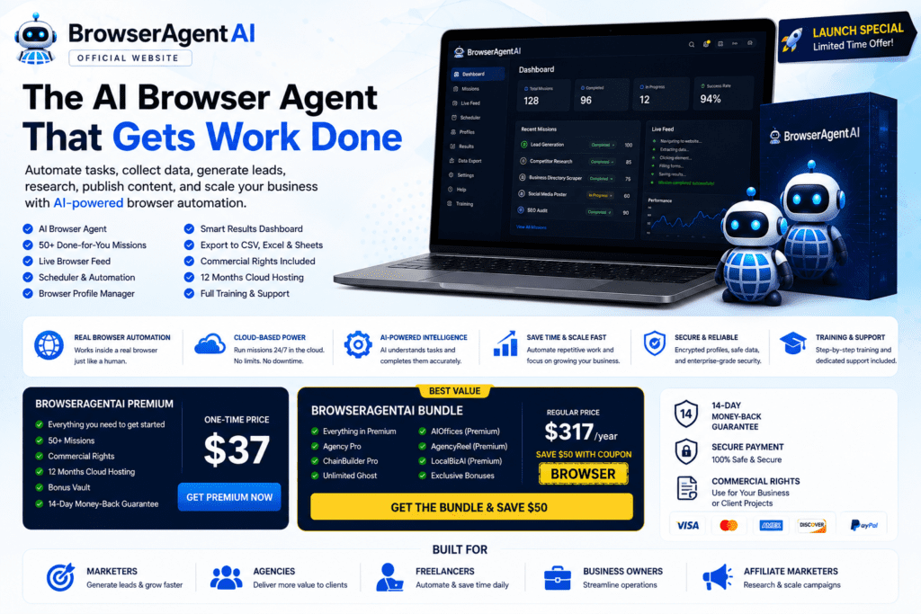 BrowserAgentAI official website showcasing AI browser automation software, live browser dashboard, Premium and Bundle editions, cloud automation, and commercial rights